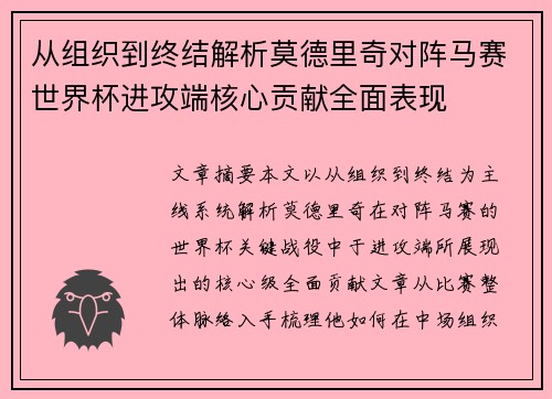 从组织到终结解析莫德里奇对阵马赛世界杯进攻端核心贡献全面表现