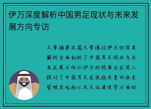 伊万深度解析中国男足现状与未来发展方向专访